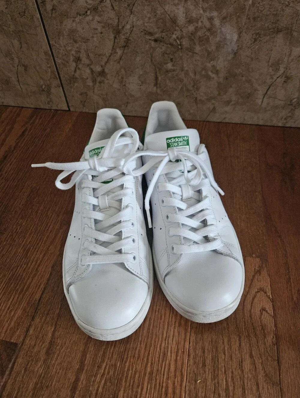 adidas White Leather Sneakers with Green Tongue Logo, Stan Smith